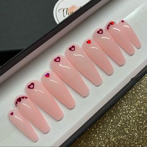 Press-On Coffin Nails in Blush Pink with Red Heart Accents